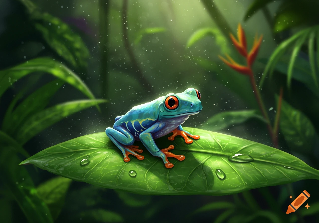A vibrant blue and orange tree frog with large red eyes sits on a dew-covered green leaf in a lush, misty jungle.