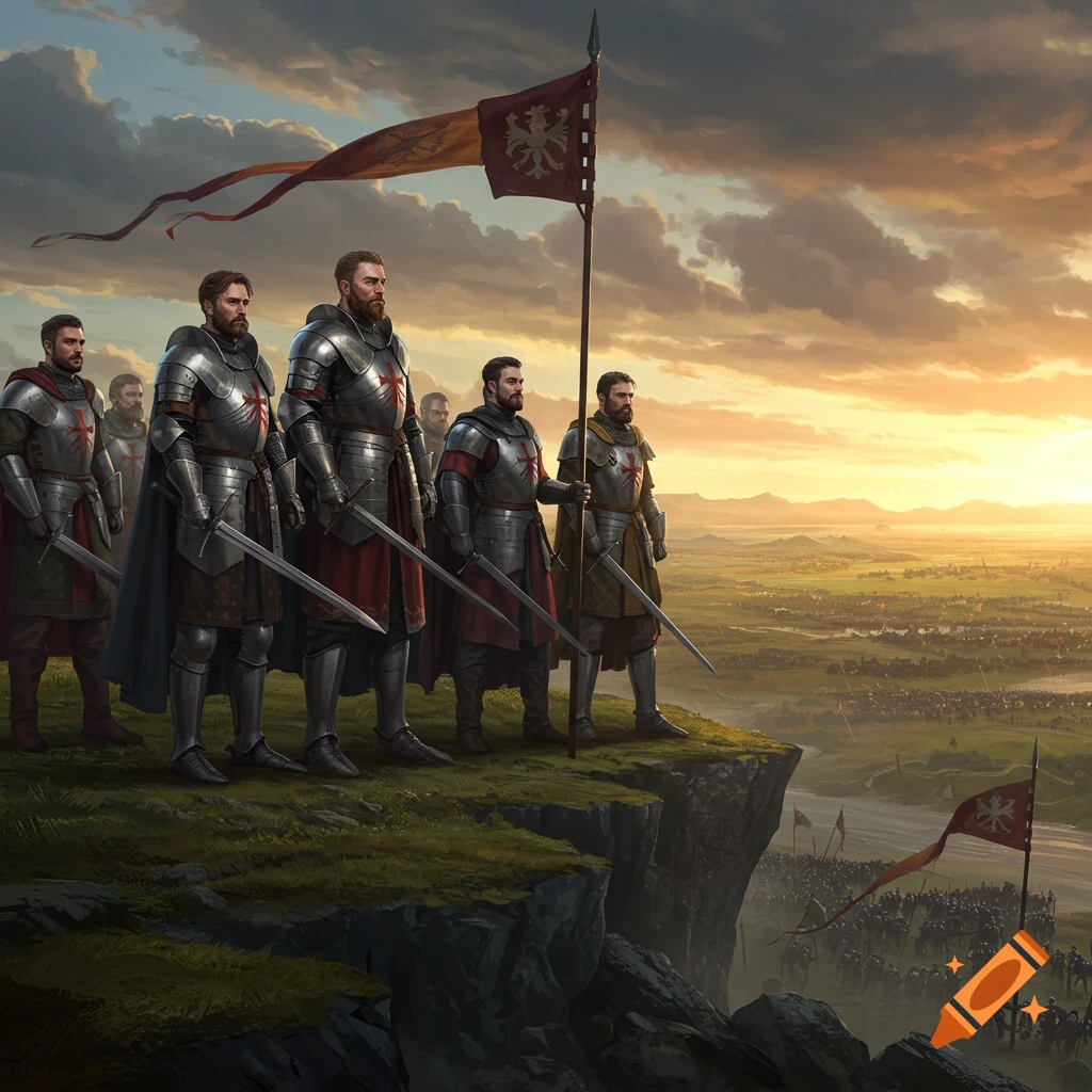 Knights in full armor stand on a cliff with a flag bearer, overlooking a vast battleground at sunset.