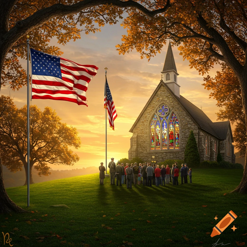 Photorealistic image of people gathered on a grassy hill with American flags, in front of a stone church at sunset, framed by autumn trees.