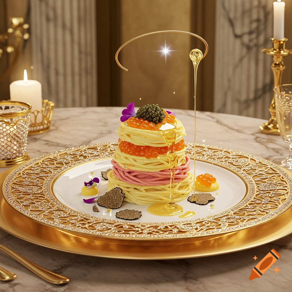 A luxurious stack of pasta topped with caviar, roe, and honey, served on an ornate golden plate in a fine dining setting.