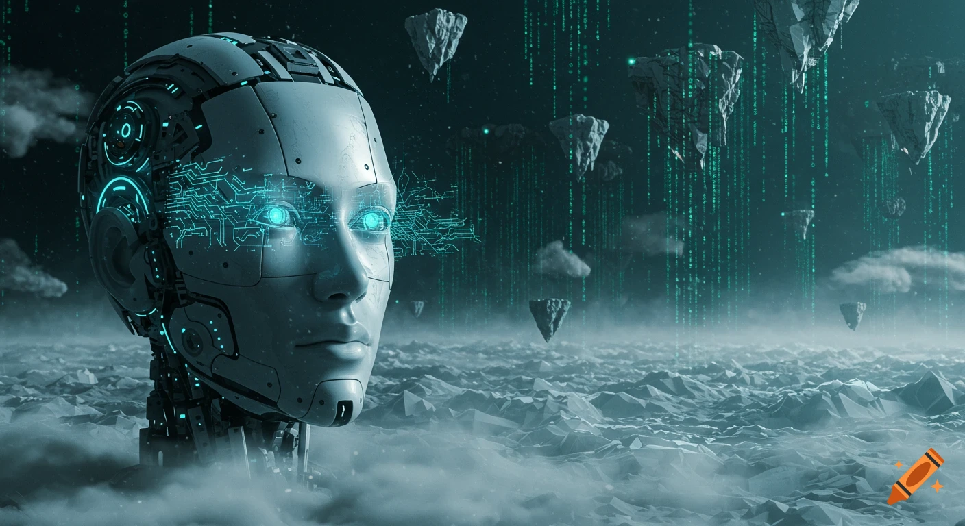 A futuristic robot head with glowing blue eyes and circuit patterns, set in a misty, rocky landscape with floating islands and green binary code.