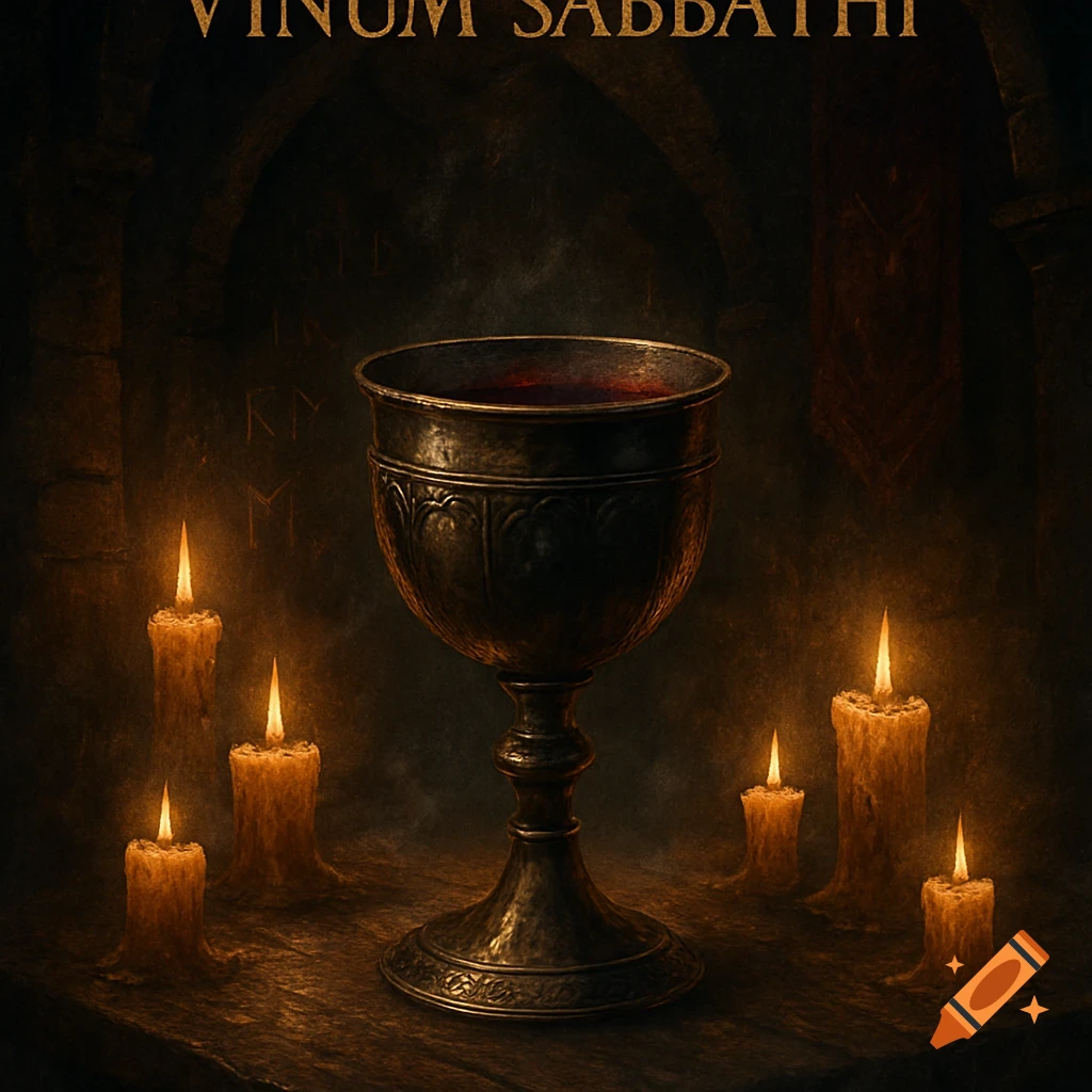 A bronze chalice filled with dark red liquid sits on a stone table, surrounded by six lit candles in a dark, arched room. Text: VINUM SABBATHI.