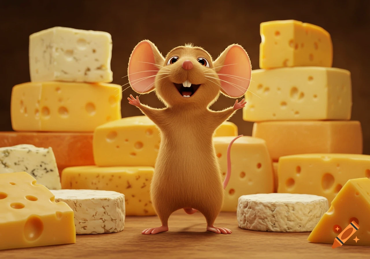 A happy, Pixar-style cartoon mouse with arms outstretched, standing amidst a large pile of assorted cheeses.