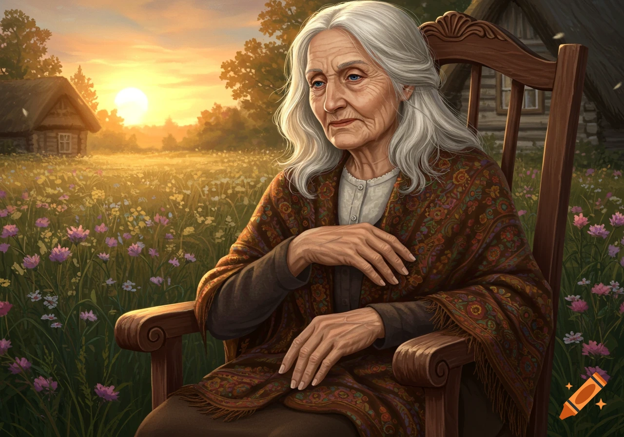 Elderly woman with white hair in a rocking chair in a field of wildflowers at sunset with a rustic house, painting.
