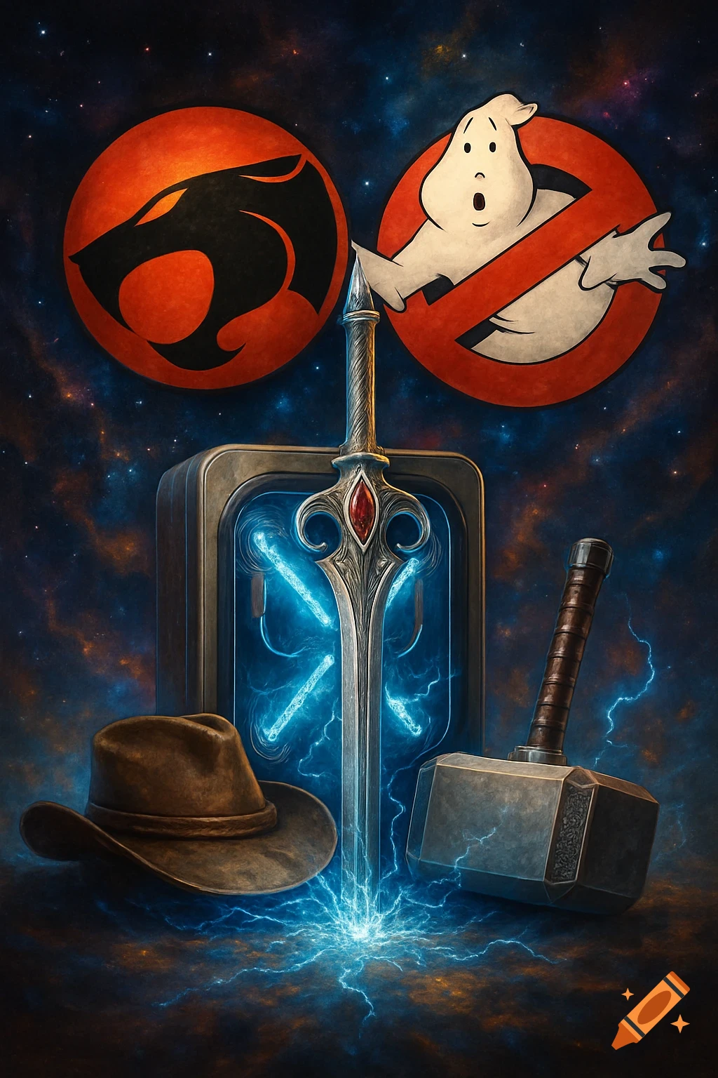 A vibrant digital art piece featuring the Thundercats and Ghostbusters logos above a glowing sword, Thor's hammer, and a brown fedora, all set against a starry cosmic background with blue lightning effects.