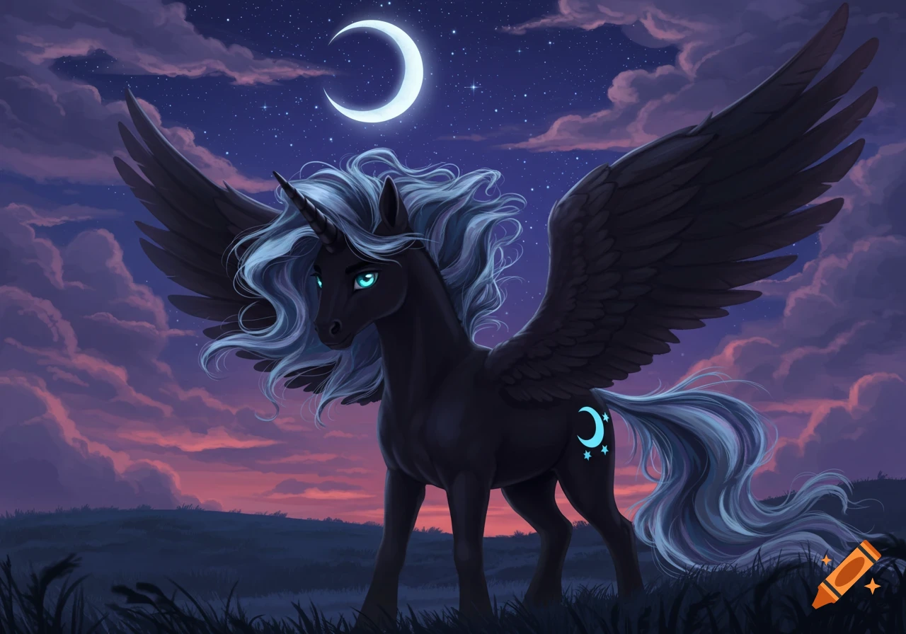 A majestic dark winged unicorn with a glowing blue mane, tail, and eyes stands on a grassy hill under a starry night sky with a crescent moon and purple clouds.