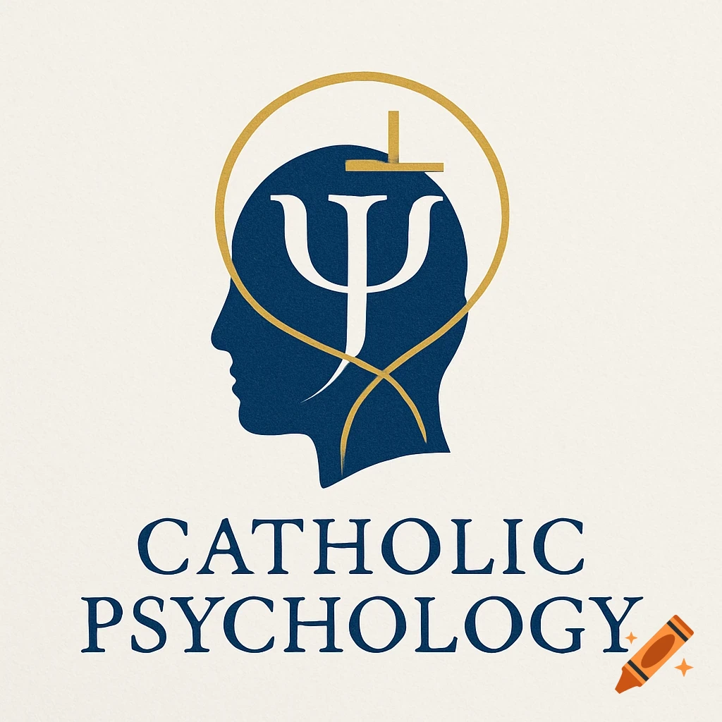 Minimalist logo featuring a blue head silhouette, a white Psi symbol, golden lines, and the text 'CATHOLIC PSYCHOLOGY'.