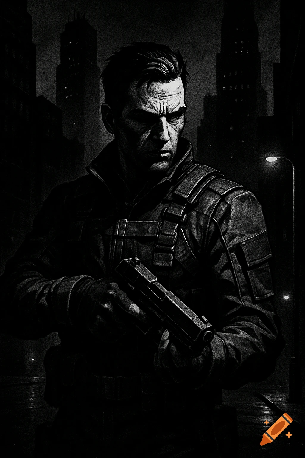 A grim man in tactical gear holds a pistol in a dark, gritty black and white cityscape, in a noir comic art style.