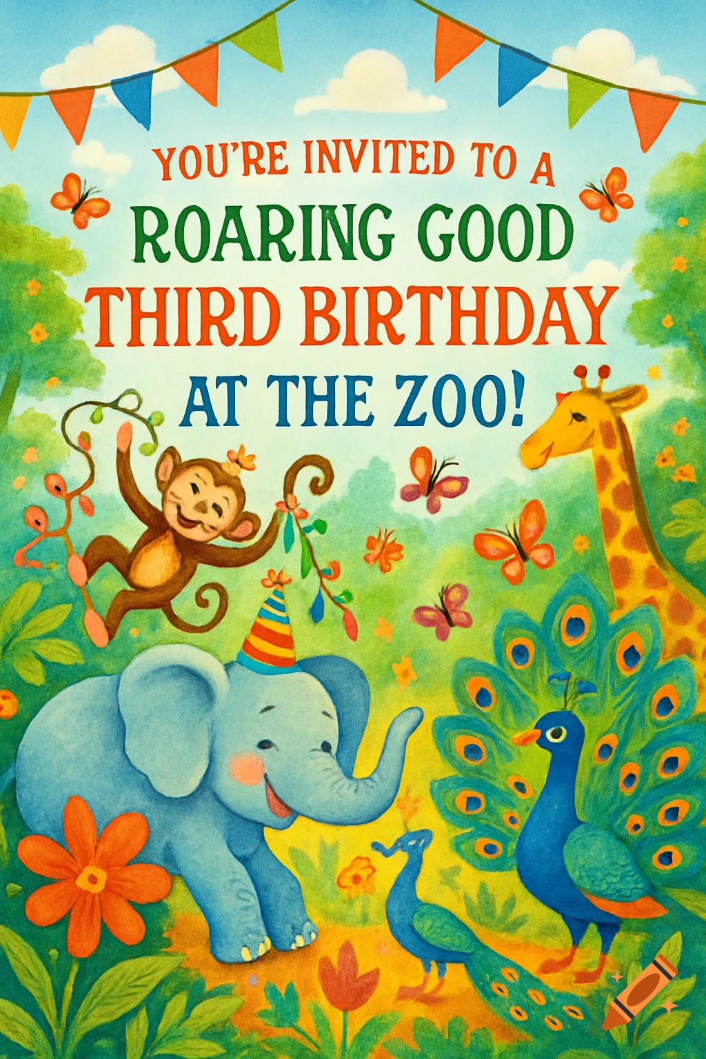 Watercolor illustration of a zoo-themed 3rd birthday invitation. It features a monkey, an elephant with a party hat, peacocks, a giraffe, and butterflies, with text reading "YOU'RE INVITED TO A ROARING GOOD THIRD BIRTHDAY AT THE ZOO!".