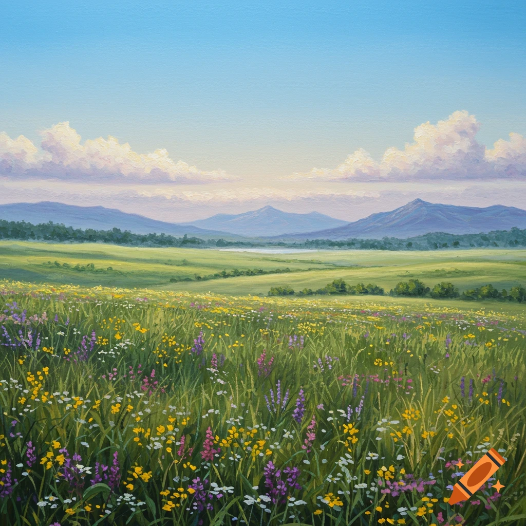 A vibrant painting of a wildflower meadow with rolling green hills and distant mountains under a bright blue sky.