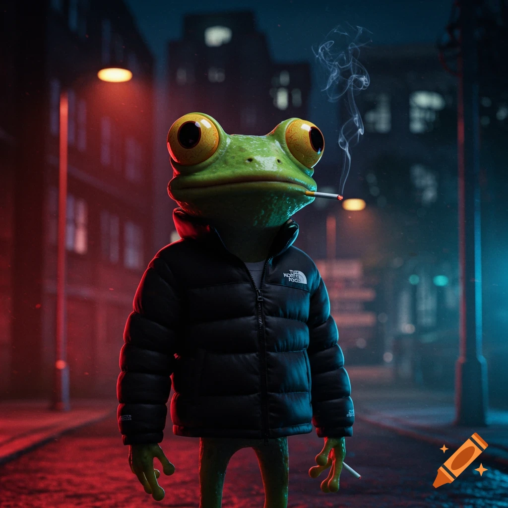 An anthropomorphic frog in a black puffer jacket stands on a wet urban street at night, smoking a cigarette, with surreal lighting.