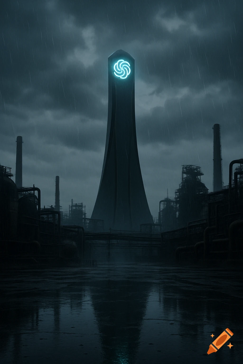 A dark, rainy, industrial landscape with a tall, sleek, black tower featuring a glowing blue OpenAI logo at its peak, reflected in wet ground.