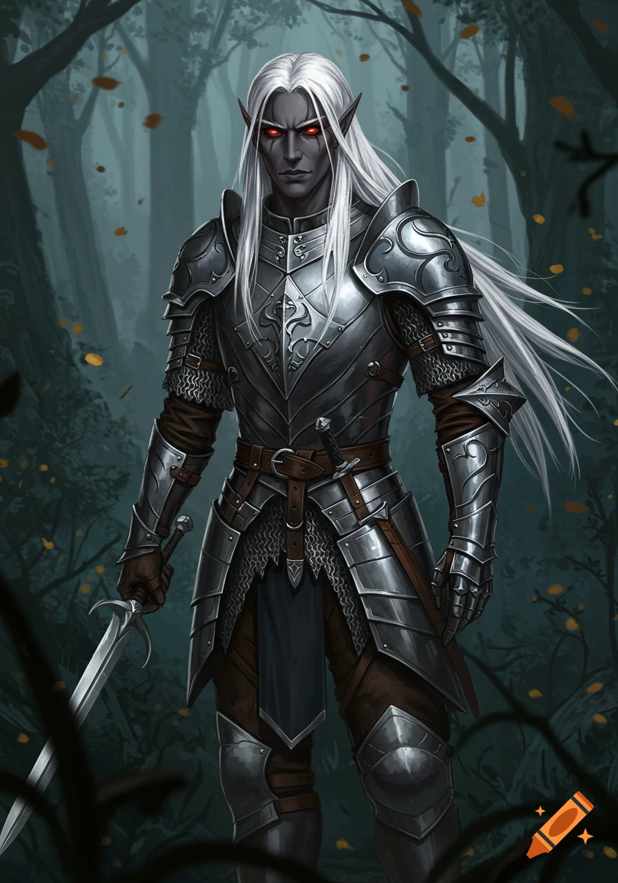 A dark-skinned male elf with long white hair and red eyes, wearing elaborate silver medieval armor, holding a sword in a dark forest.