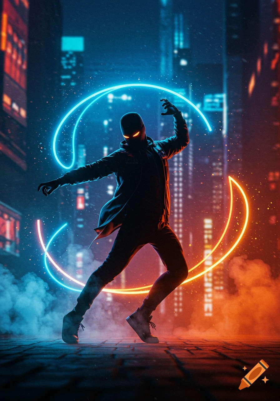 A masked figure with glowing eyes runs on a dark cyberpunk city street, surrounded by vibrant blue and orange neon light trails and glowing buildings.