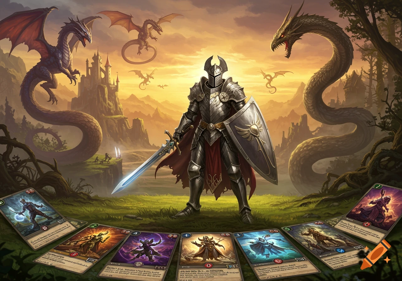 A knight in shining armor stands in a fantasy landscape with dragons flying around a castle, surrounded by trading cards on the grass.