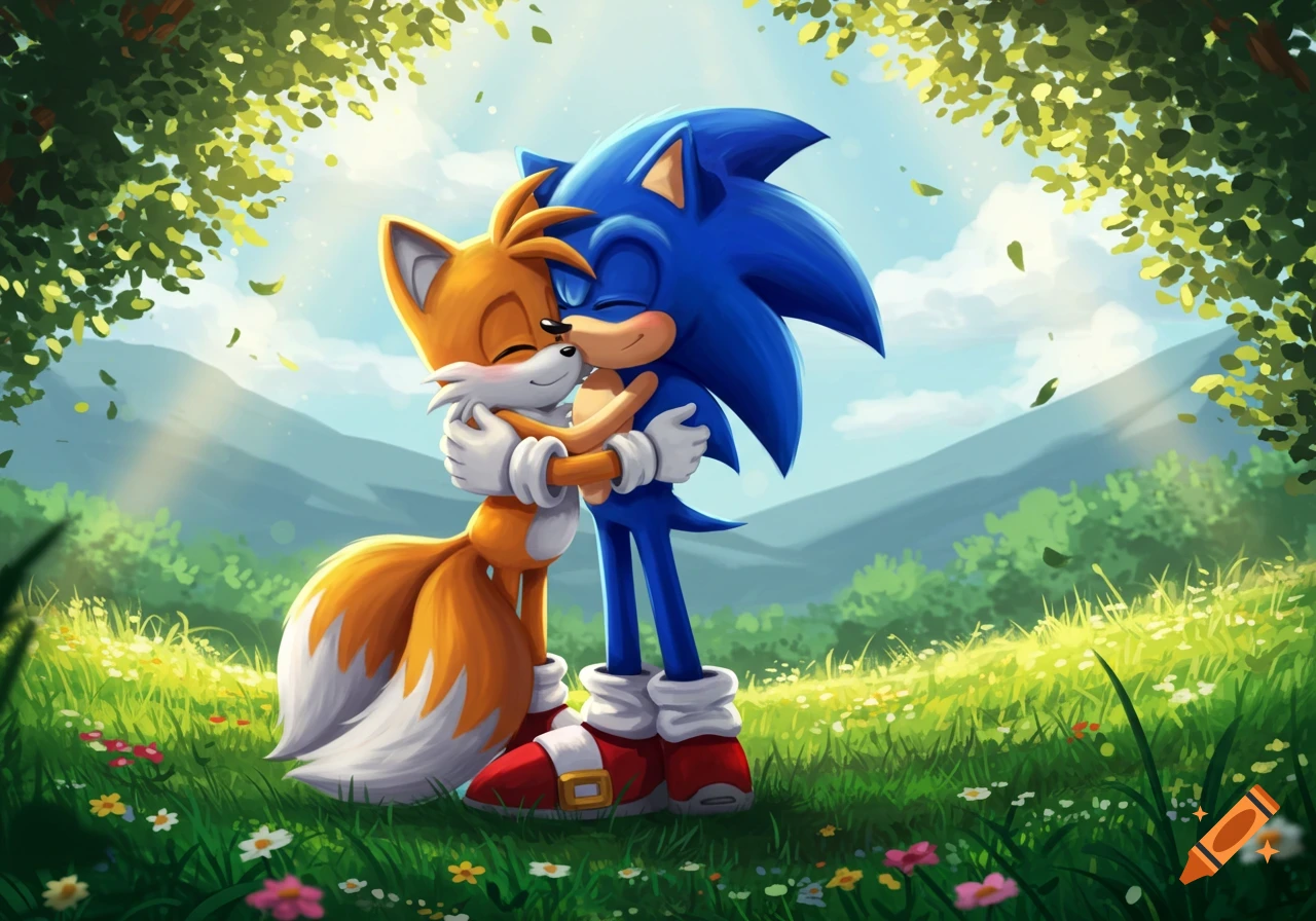 Sonic and Tails from Sonic the Hedgehog hug in a sunny, vibrant green field with flowers and mountains, cartoon style.