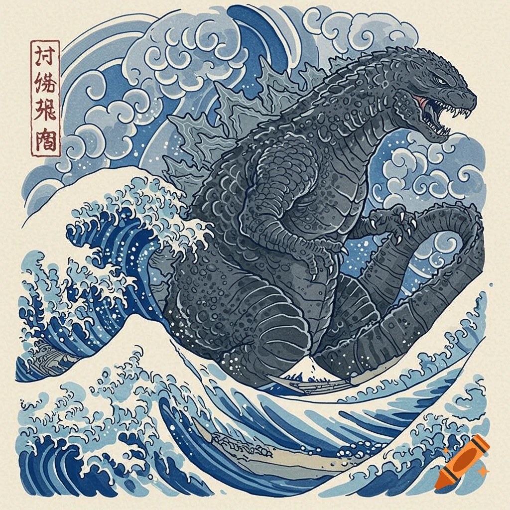A stylized illustration of Godzilla emerging from a large, traditional Japanese wave with clouds in the background.