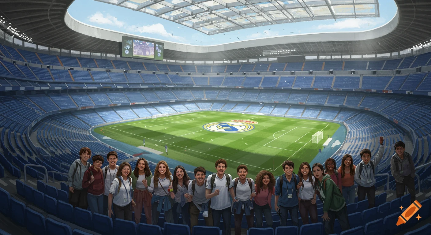 Group of students smiling and posing in the stands of a large, empty football stadium with a green field.
