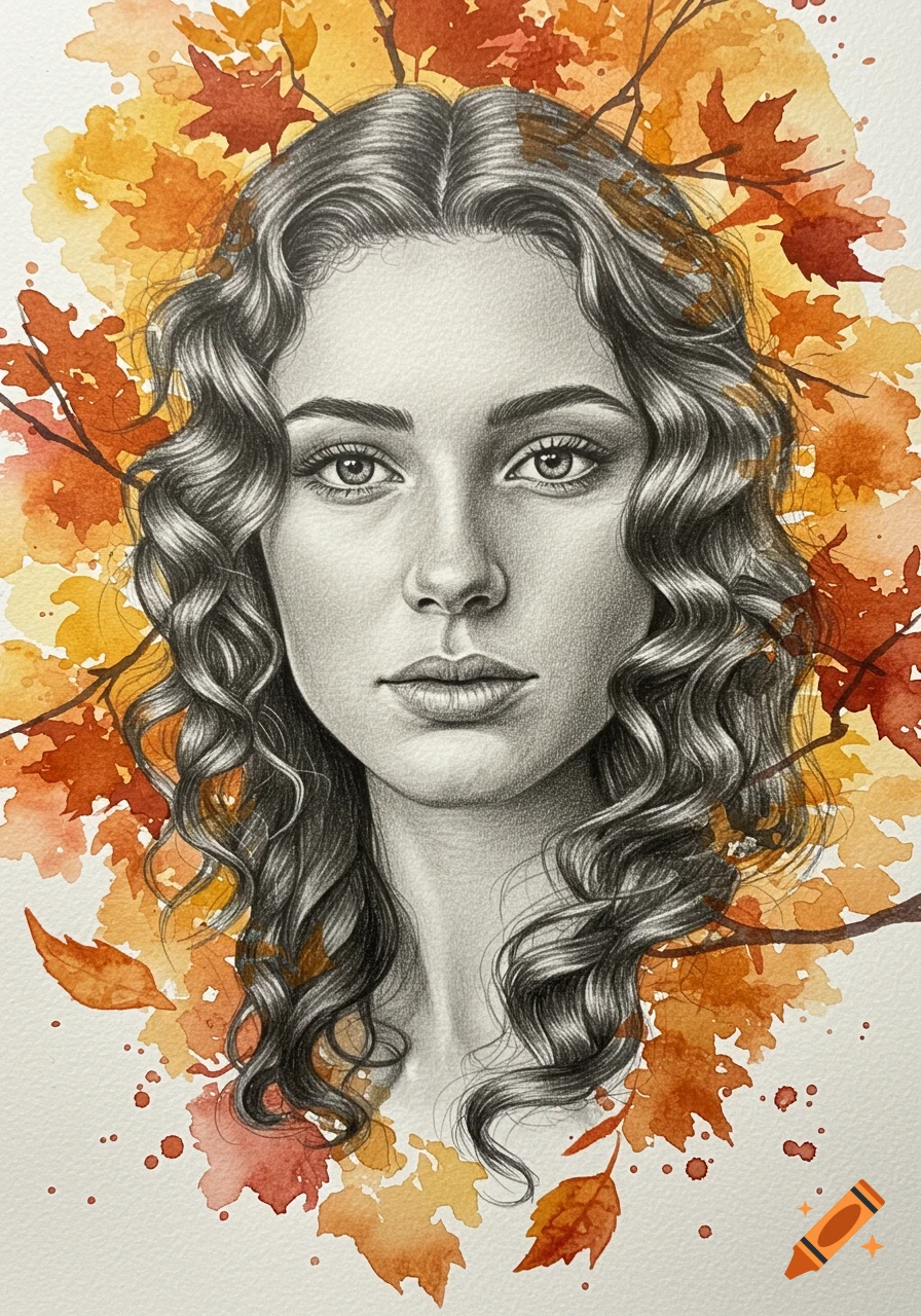 Pencil portrait of a woman's face with a watercolor background of autumn leaves in orange and yellow.