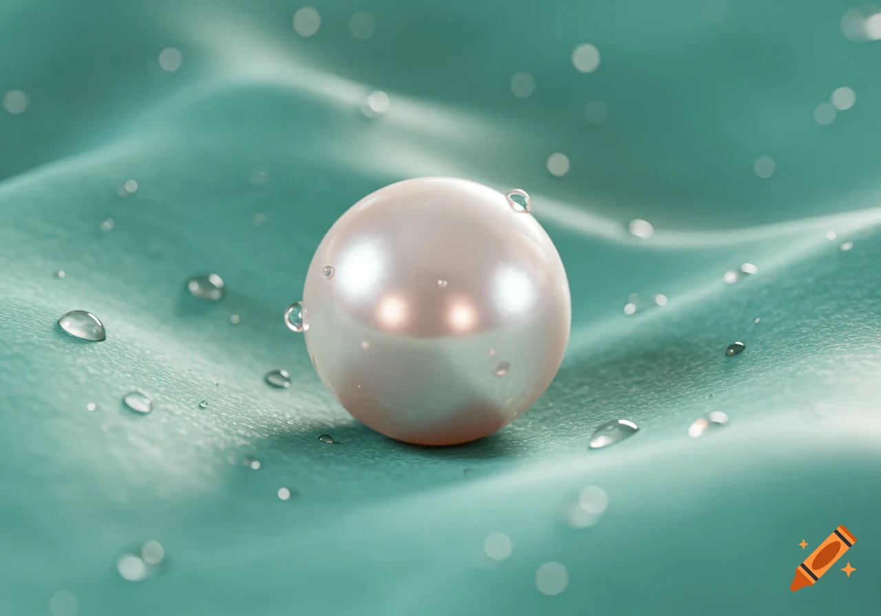 A luminous white pearl with water droplets rests on a wavy teal fabric background.