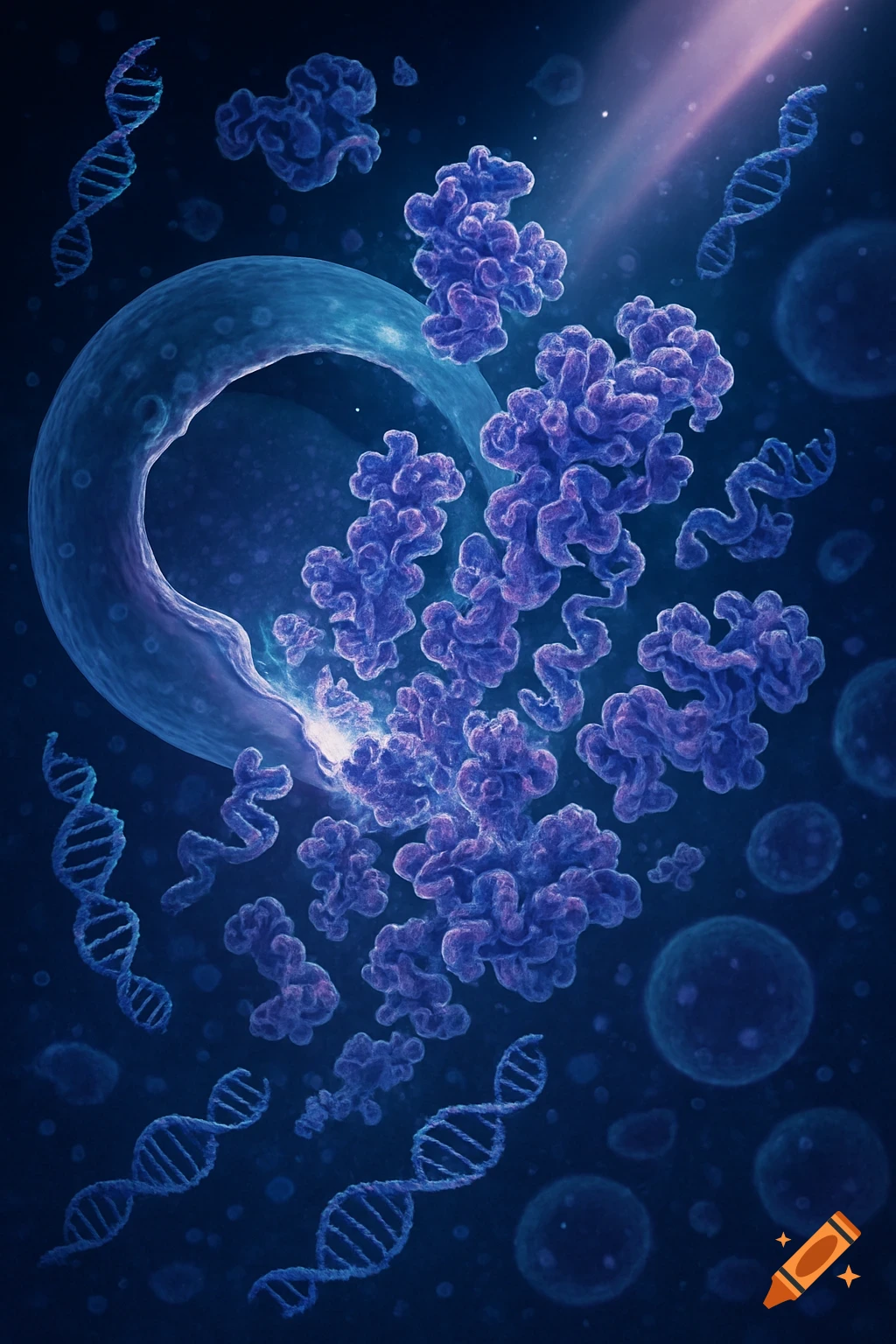 A broken cell releases purple proteins and blue DNA helices on a dark blue microscopic background.