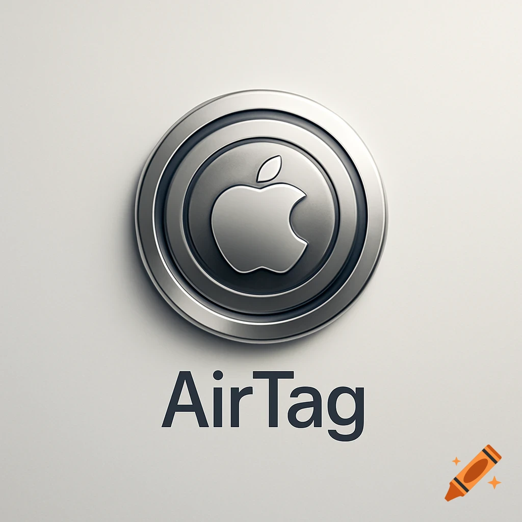 A silver Apple AirTag logo on a white background with the word AirTag below it.