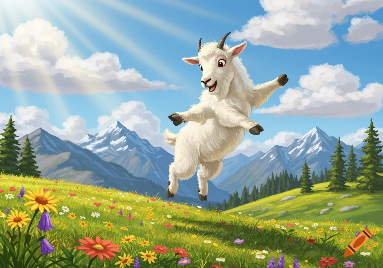 A happy cartoon mountain goat jumps joyfully in a vibrant, flower-filled meadow with mountains and a sunny blue sky.