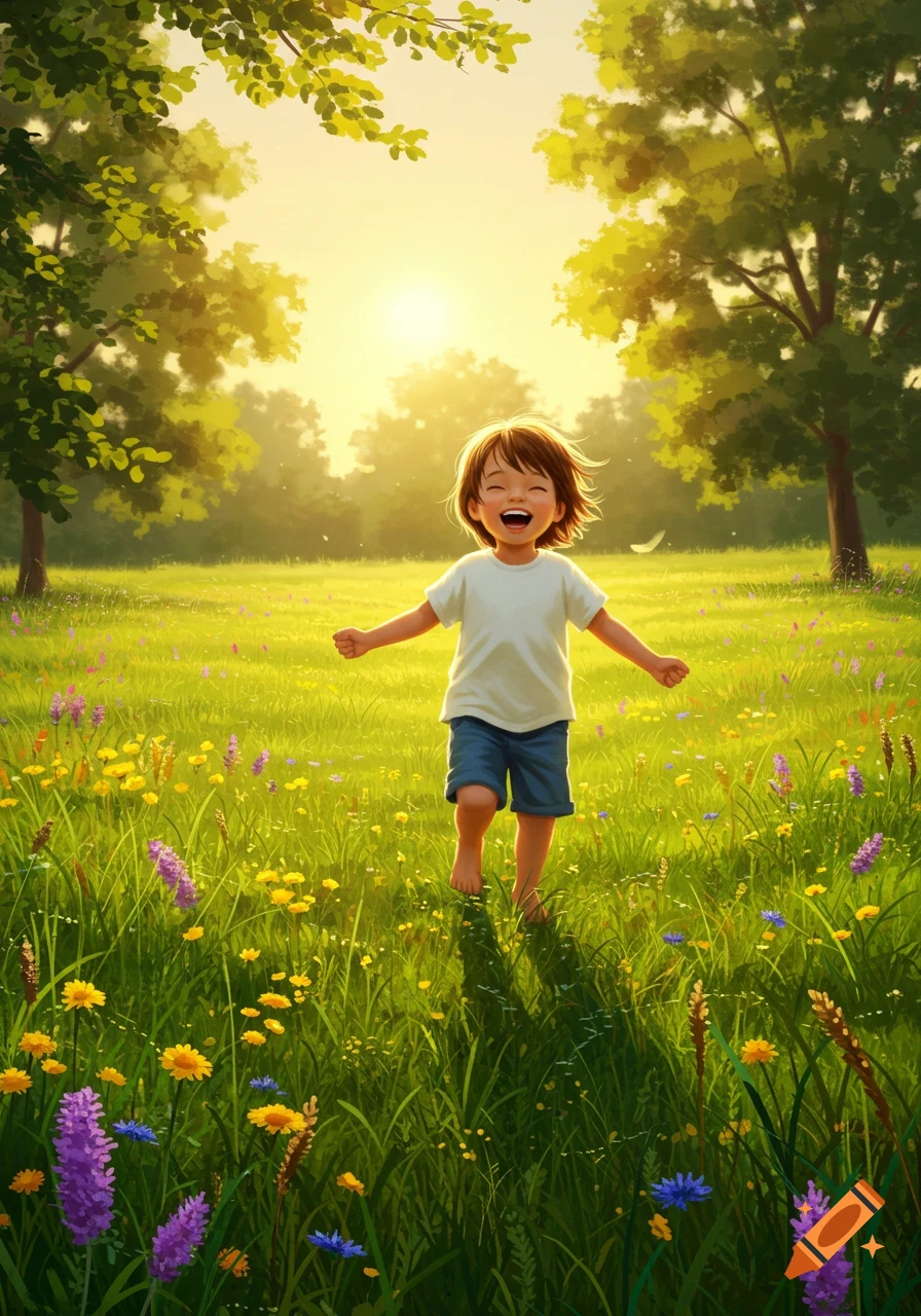 A barefoot child with a joyful expression runs through a sunlit field filled with colorful wildflowers and green grass.