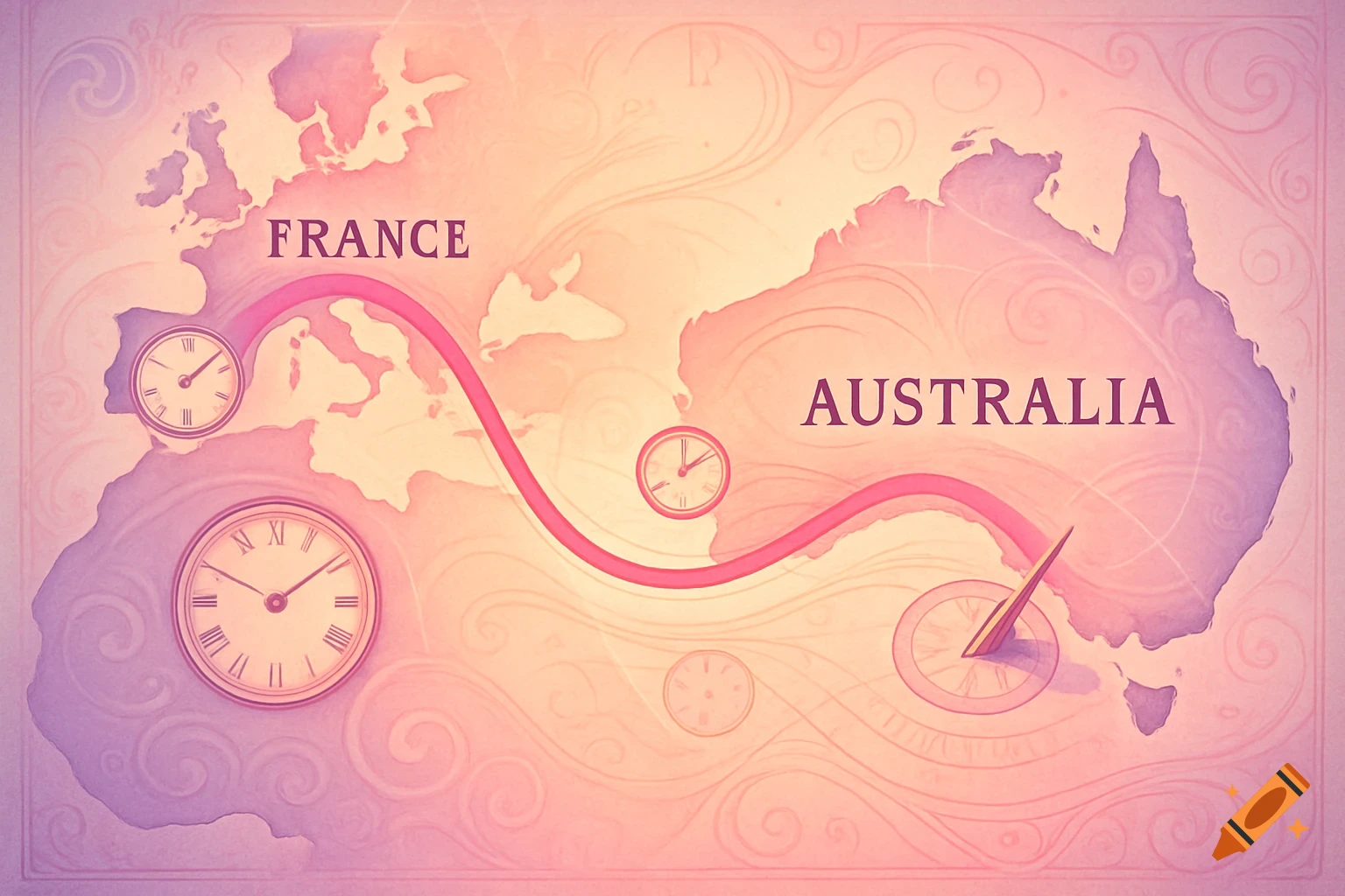 A vintage-style map shows a pink route from France to Australia, with clocks indicating duration.