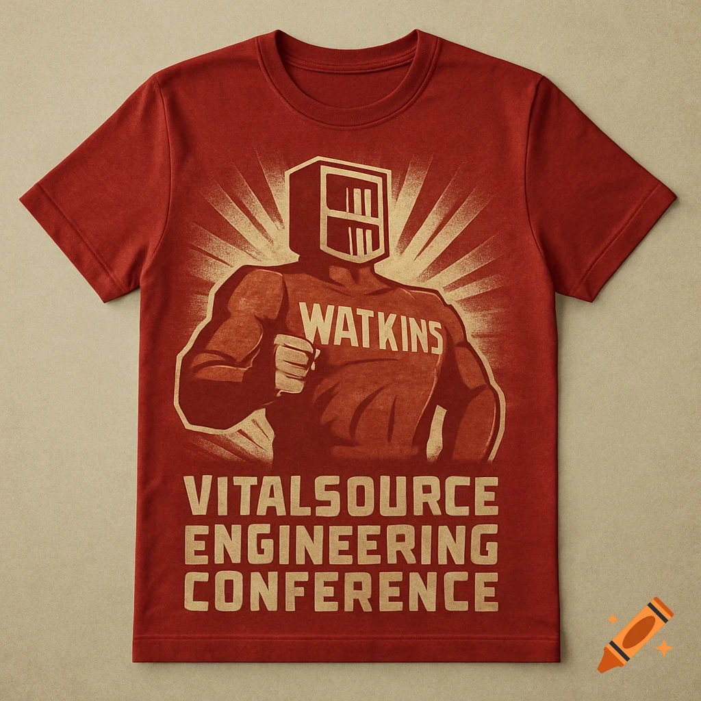 Red t-shirt with a vintage Soviet-style graphic of a strong, bookshelf-headed figure. Text: "WATKINS" and "VITALSOURCE ENGINEERING CONFERENCE".