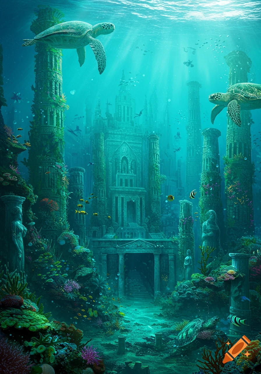 An ancient underwater city, Atlantis, featuring ornate ruins, towering pillars, swimming sea turtles, colorful coral, and sun rays in deep blue water.