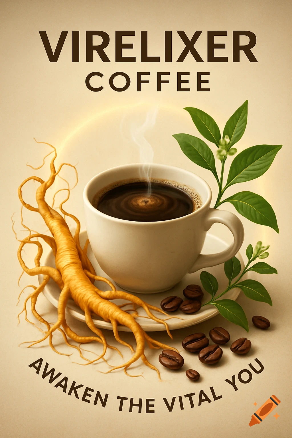 A product poster for Virelixer Coffee, showing a steaming cup surrounded by ginseng root, coffee beans, and green leaves, with a glowing aura and the tagline "Awaken the Vital You".