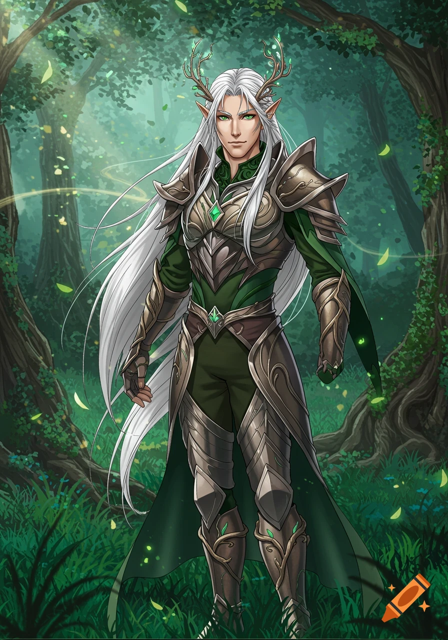 A male elf with long white hair, antlers, and green and gold armor stands in a magical forest, anime art style.