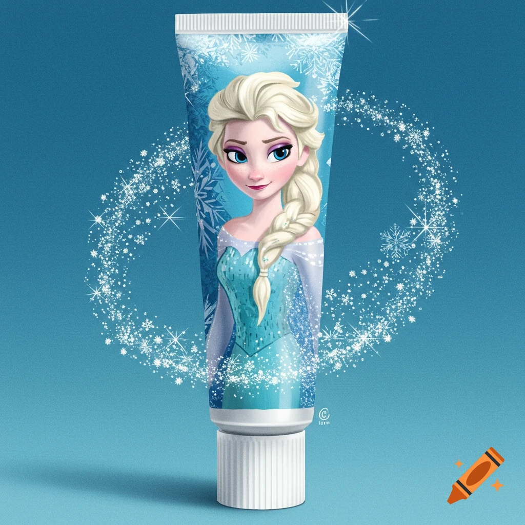 A toothpaste tube featuring Disney's Elsa from Frozen on a blue background with sparkling snowflakes.