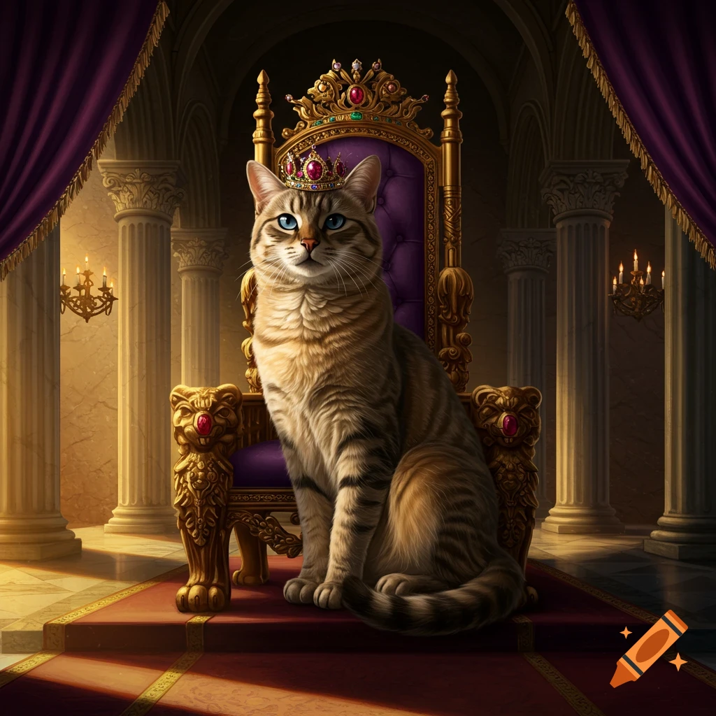 A photorealistic tabby cat wearing a jeweled crown sits majestically on a golden and purple throne in a grand palace hall.