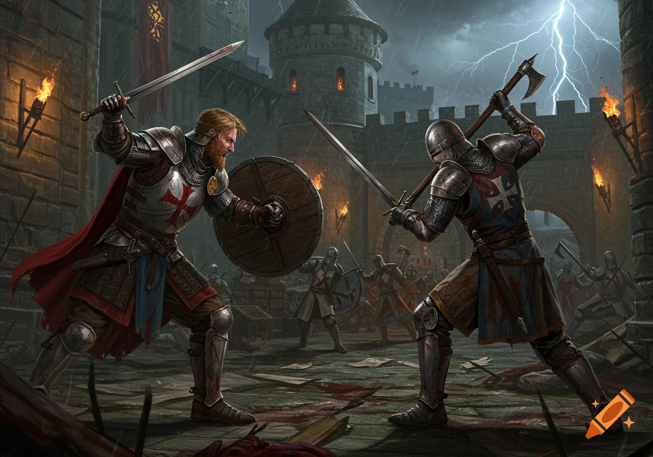 Two armored medieval knights battle with swords and an axe in a stormy castle courtyard, with other knights fighting in the background.