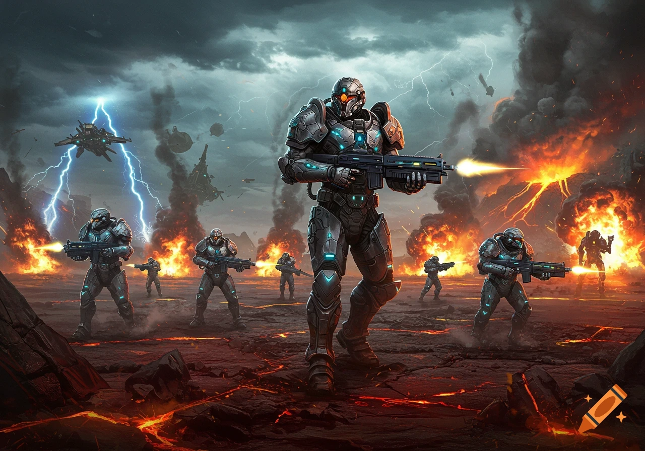 Futuristic soldiers in power armor battle amidst explosions and lightning on a volcanic alien landscape.