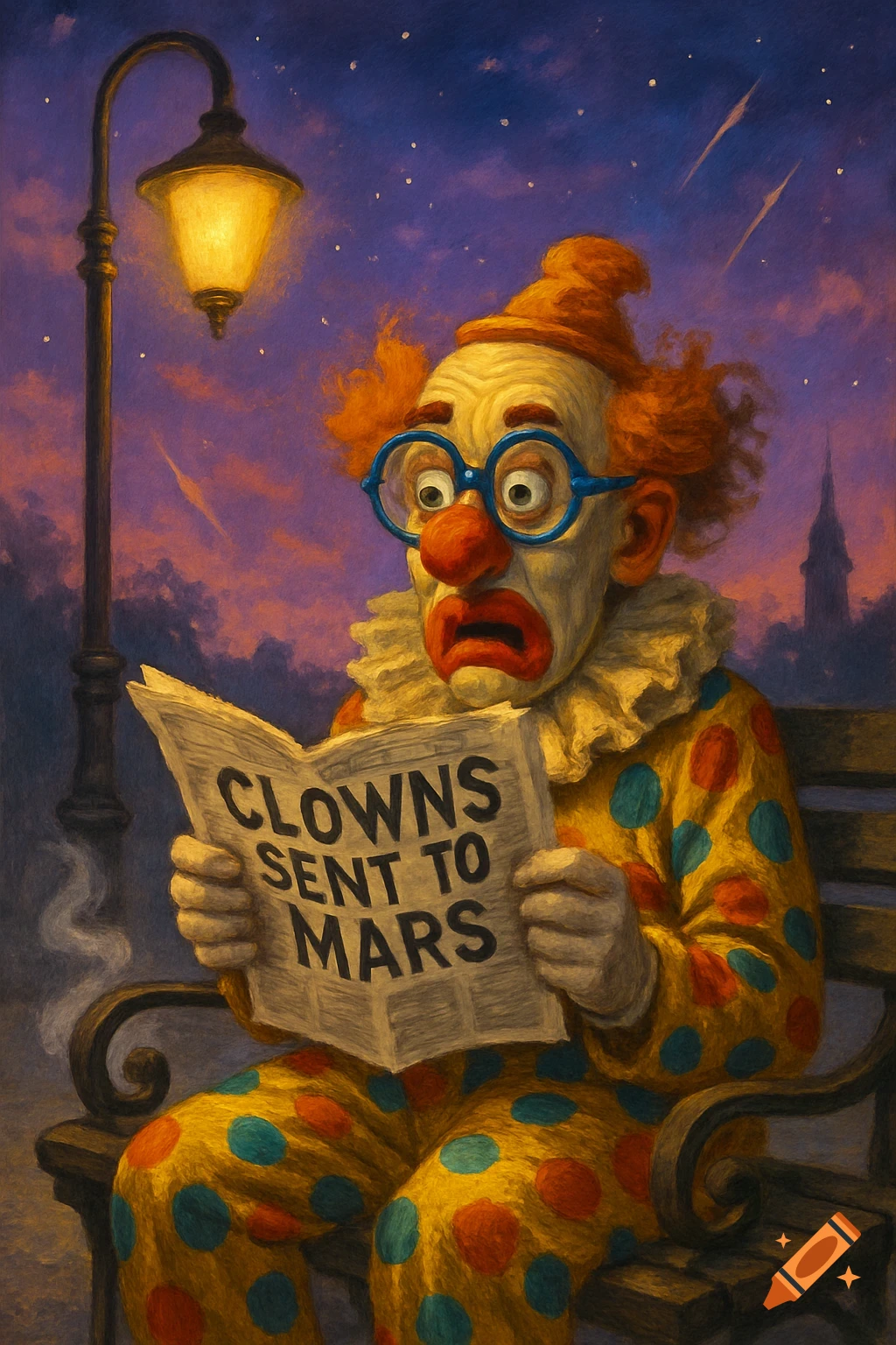 Painterly image of a shocked clown in a polka-dot suit reading a newspaper under a streetlamp at night, with the headline 'CLOWNS SENT TO MARS'.