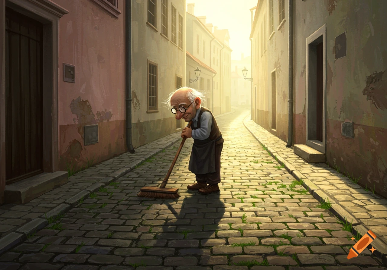 A small, cartoon-style old man with glasses and white hair sweeps a sunny, narrow cobblestone street lined with buildings.