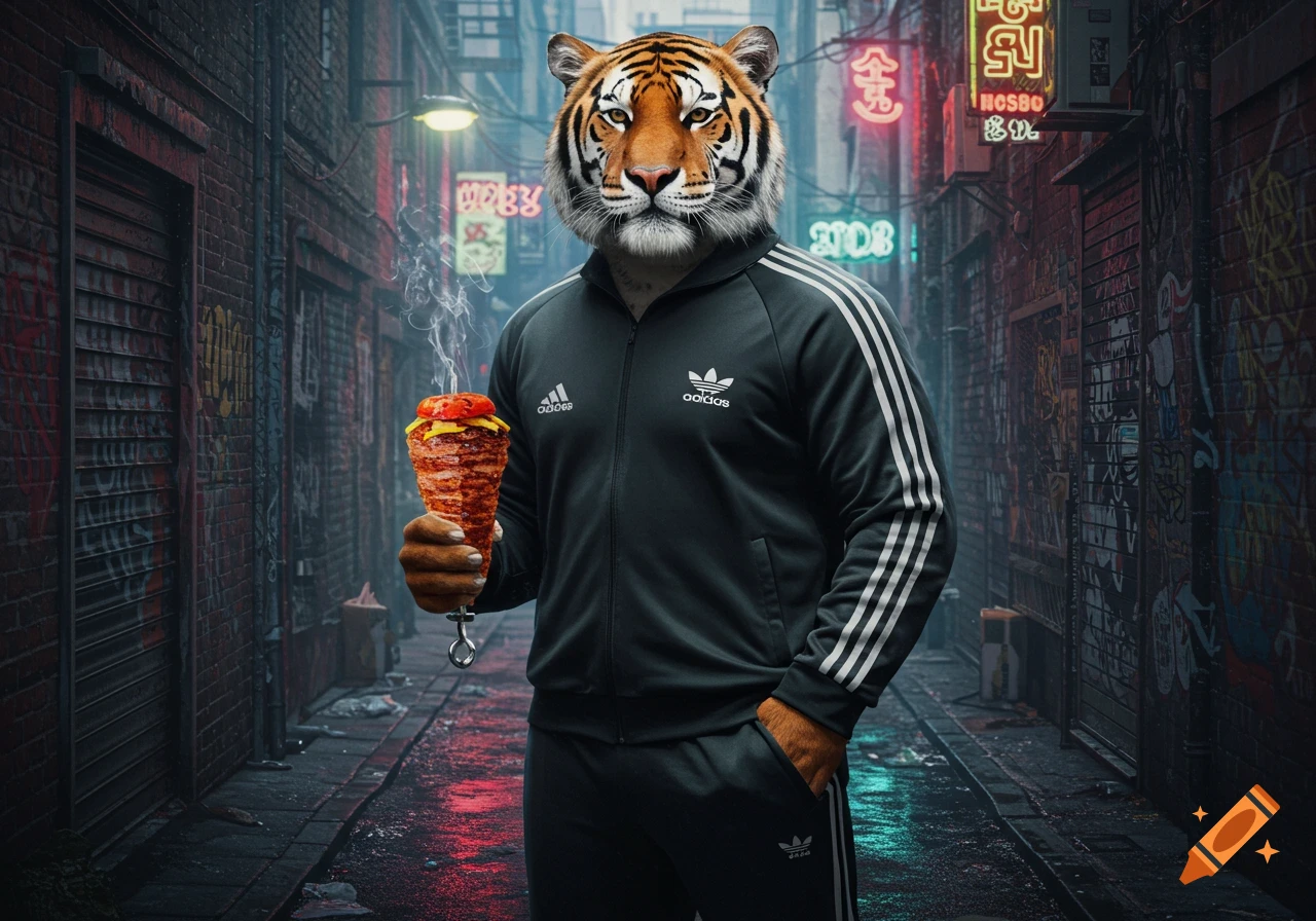 A tiger-headed figure in a black Adidas tracksuit stands in a neon-lit urban alley, holding a steaming doner kebab. The setting is dark and moody.