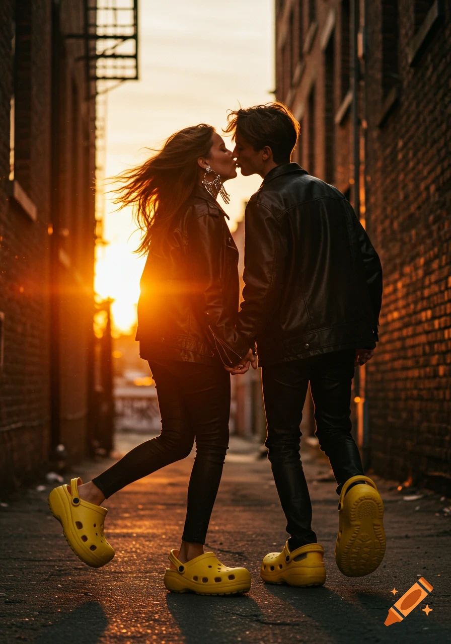 A young couple in leather jackets and yellow crocs kissing while holding hands in a sunlit alley at sunset.