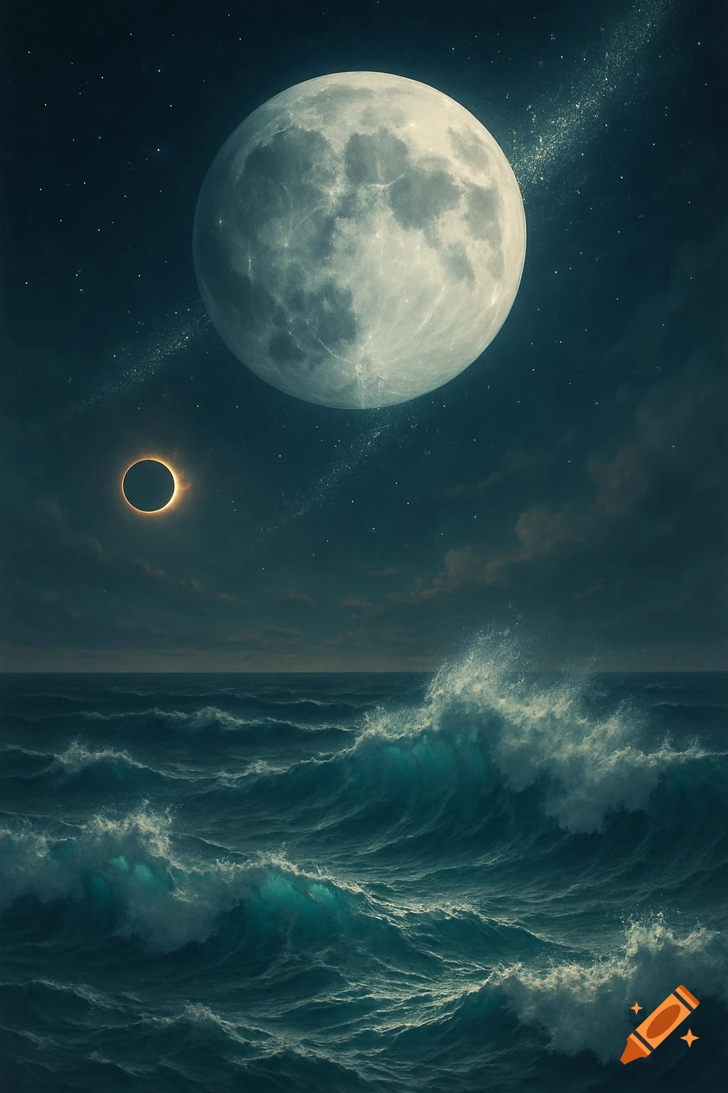 A large full moon looms over a dark, turbulent ocean with crashing waves, a ring-like solar eclipse visible in the starry sky.