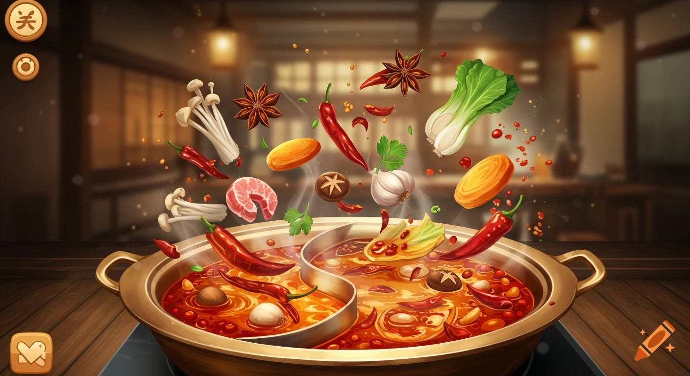 Vibrant, stylized hot pot with chilies, mushrooms, and other ingredients floating above it in a restaurant setting.