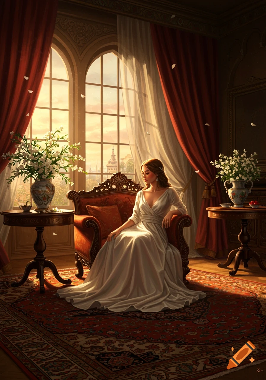 A woman in a white dress sits in an ornate red chair by a large window, with white flowers and sunlight streaming into a lavish room.