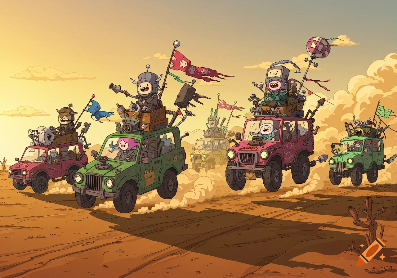 A cartoon post-apocalyptic raider gang in the Adventure Time style drives colorful, makeshift vehicles across a sandy desert under a sunny sky.