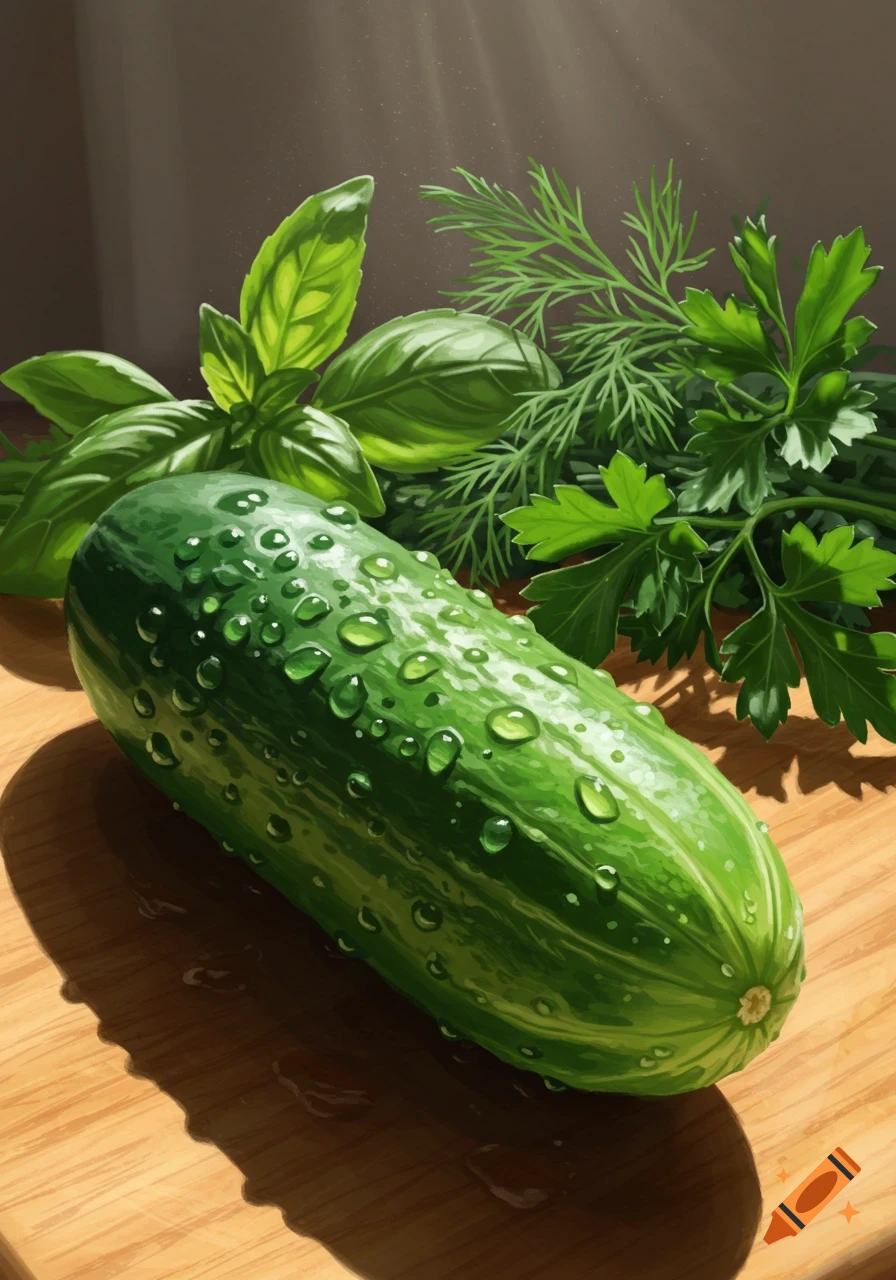 A wet green cucumber on a wooden board with basil, dill, and parsley, lit by dappled sunlight. Illustrated.