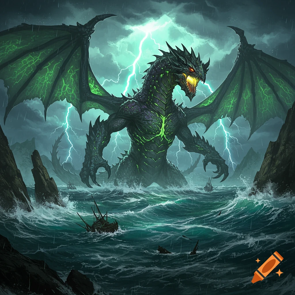 A giant black and green dragon rises from a stormy sea, roaring amidst lightning and sinking ships. Digital fantasy art.