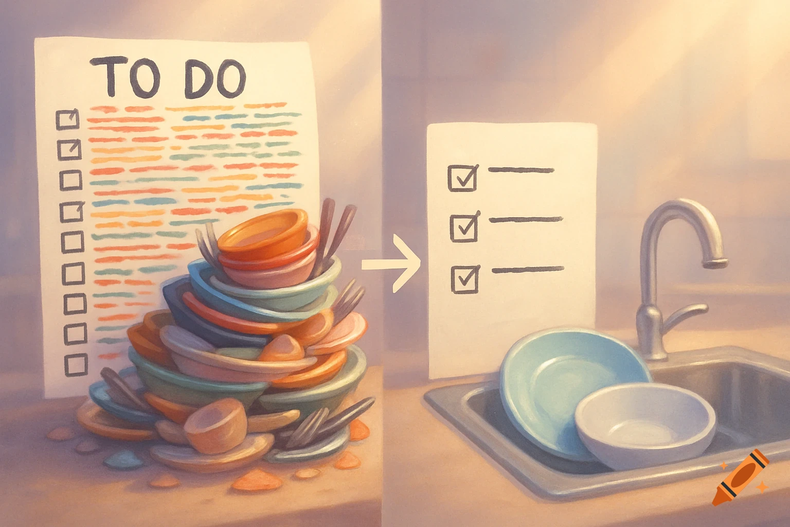 An illustration contrasting a large pile of dirty dishes and a long to-do list with a clean sink and a short, completed list.