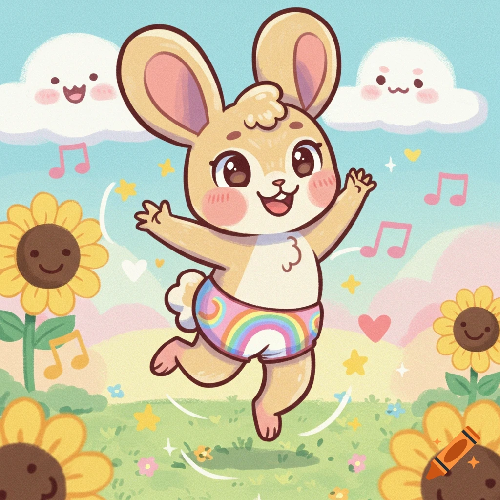 A cute cartoon bunny in a rainbow diaper dances joyfully in a sunny field with smiling sunflowers and clouds.