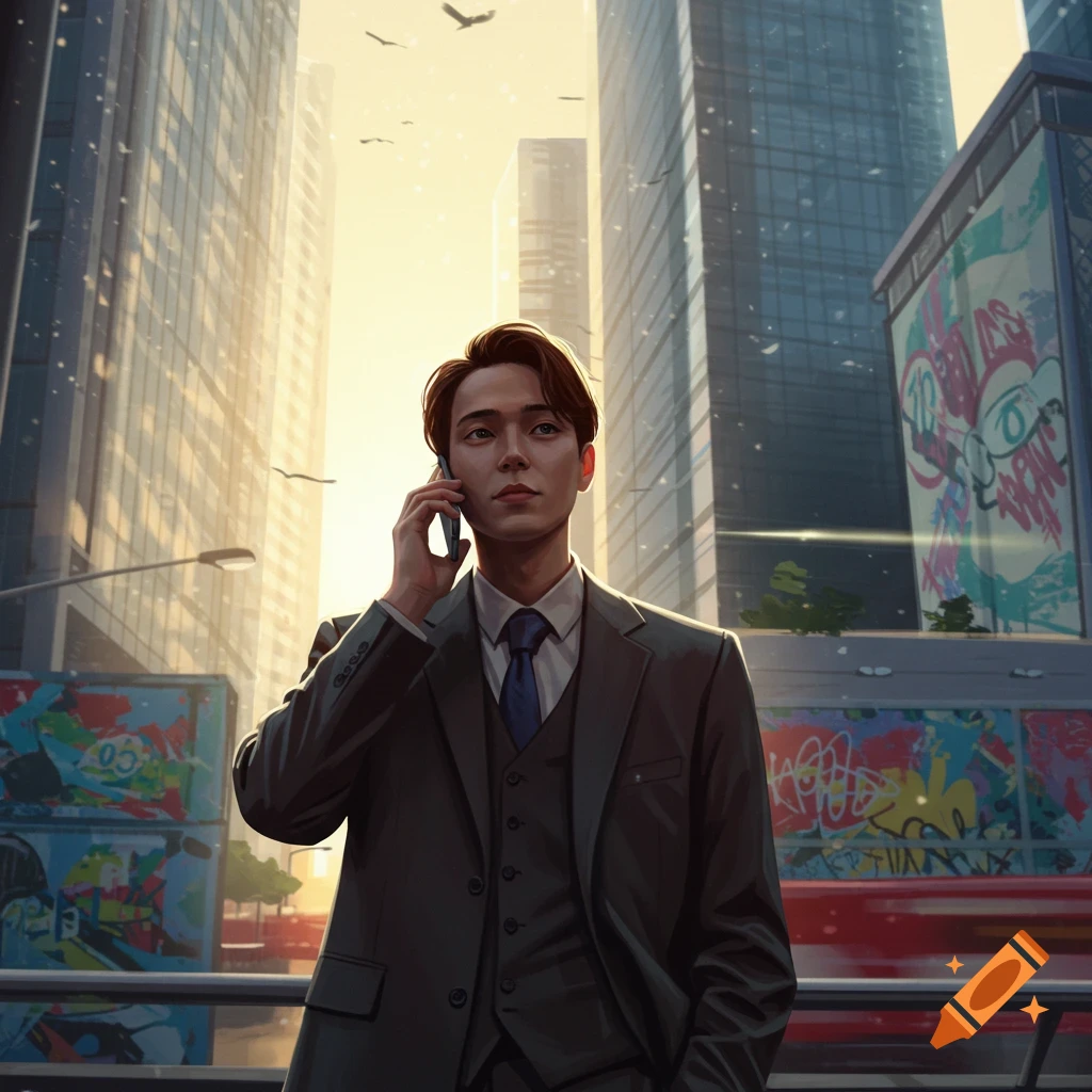 A man in a suit talks on a phone in a vibrant city with tall buildings and colorful graffiti at sunset.